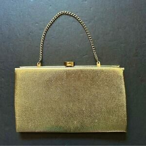 Vintage After Five Textured Gold Handbag, Chain Strap Can Tuck In To Make Clutch